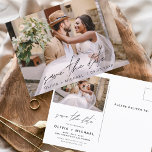 Redigerbar typografi Spara datum för fotominimalis Vykort<br><div class="desc">Bröllop spara datum-kort som har ett foto på framsidan och baksidan. Spara datumkorten innehåller en modern handskriven kursiv skripttypografi som är elegant,  enkel och modern till använda efter att du har minimalistisk enkel bröllopsdag firande.</div>