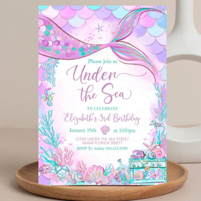 Redigerbar Under Havet Lila Turkos Ariel Soffan Li Inbjudningar (Skapare uppladdad)