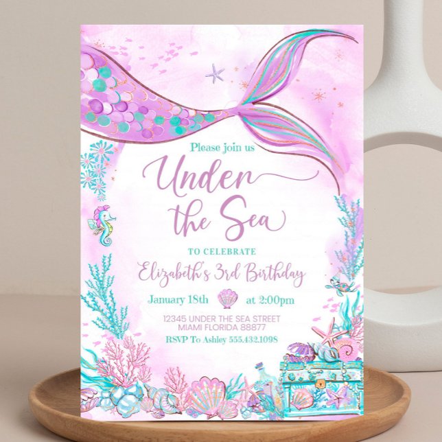 Redigerbar Under Havet Lila Turkos Lilla Sjöjungfr Inbjudningar (Skapare uppladdad)