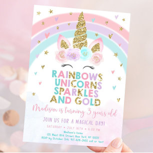 Redigerbar Unicorn Rainbow Birthday-inbjudan Unico Inbjudningar