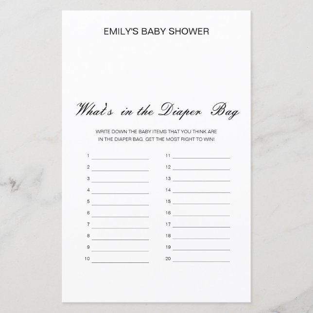 Redigerbar Vad finns i blöjbagen Baby Shower Lek (Framsida)