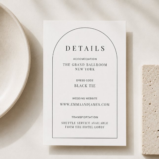 Redigerbar välvd minimal bröllopsinformationskort OSA kort (Meet the Arch Shape Minimal Wedding Details Card—where timeless typography meets modern architecture)