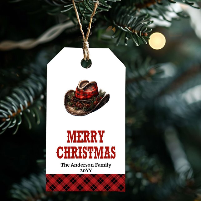 Redigerbar västerländsk julmärkning med cowboyhatt presentetikett (Editable Western Christmas tag with cowboy hat)