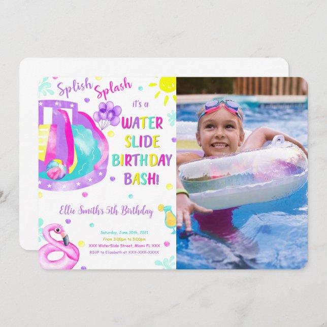 Redigerbar Vattenrutschbana Födelsedags Foto Inbju Inbjudningar (Fram/baksida)