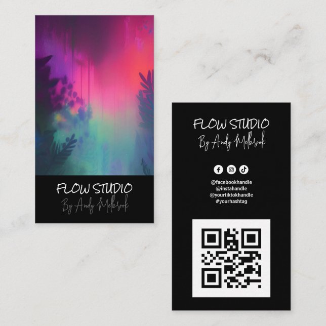 Redigerbar Vibrant Fluid Art QR-kod Visitkort (Fram/baksida)