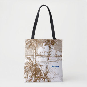 Redigerbar Vintage Beach Etching i Brunius Tote Ba Tygkasse