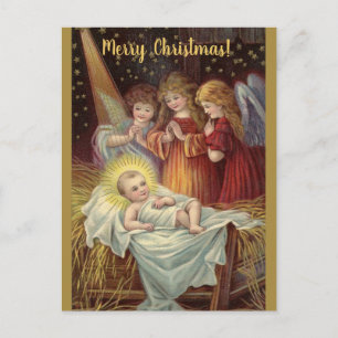 Redigerbar Vintage Bebis Jesus och Änglar Jul Vykort