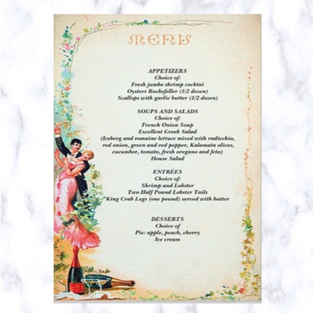 Redigerbar Vintage Couple och Champagne Menu (Skapare uppladdad)