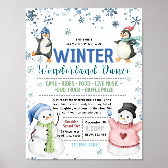 Redigerbar vinterdans snöman insamlingsflygblad poster (Framsidan)