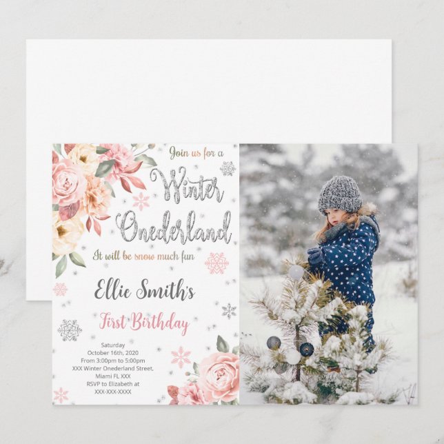 Redigerbar vinterundret fotografisk inbjudan (Fram/baksida)