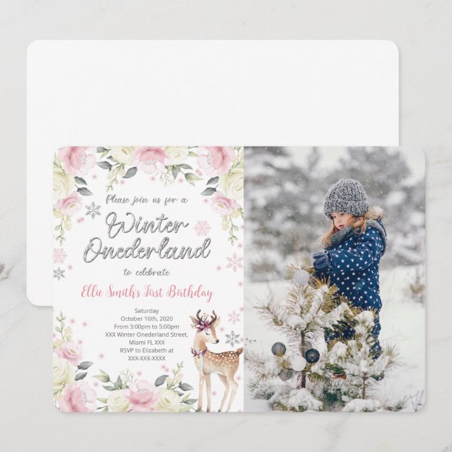 Redigerbar vintervonderlandets fotoinbjudan inbjudningar (Fram/baksida)