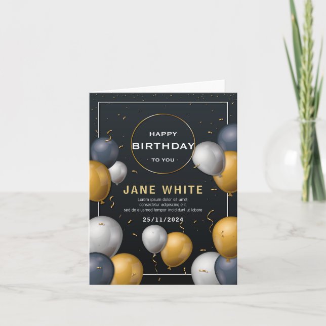 Redigerbar Vuxen av svart och Guld-ballong, födels Inbjudan (Framsida)