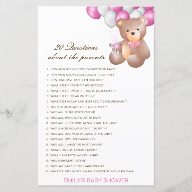 Redigerbara 20 frågor om föräldrar baby shower (Framsida)