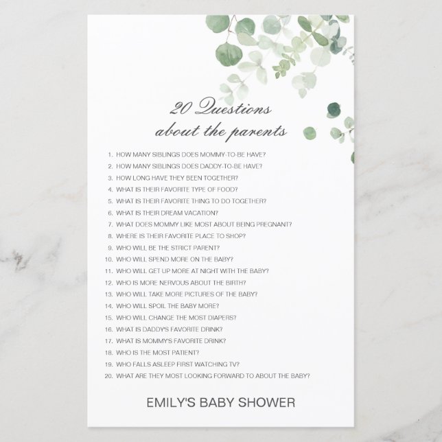 Redigerbara 20 frågor om föräldrar Baby Shower (Framsida)