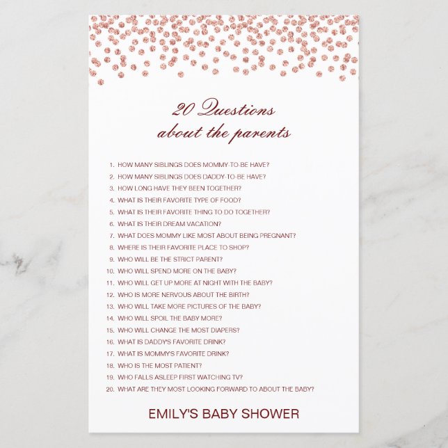 Redigerbara 20 Frågor om Föräldrar Baby Shower (Framsida)