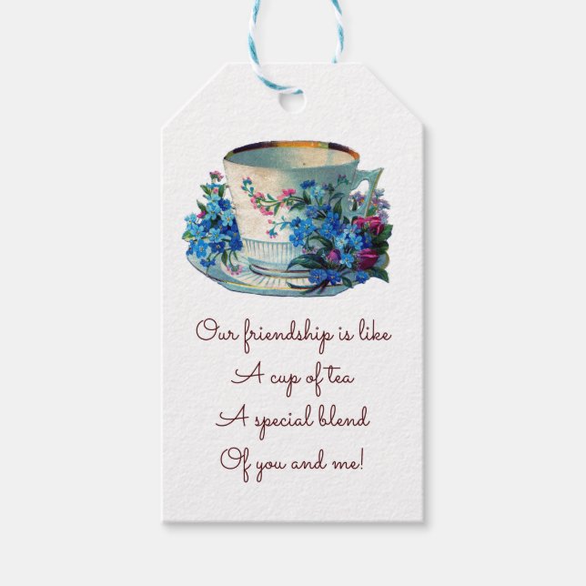 Redigerbara blommor och Kopp med Guld Rim Tea Pouc Presentetikett (Framsidan)