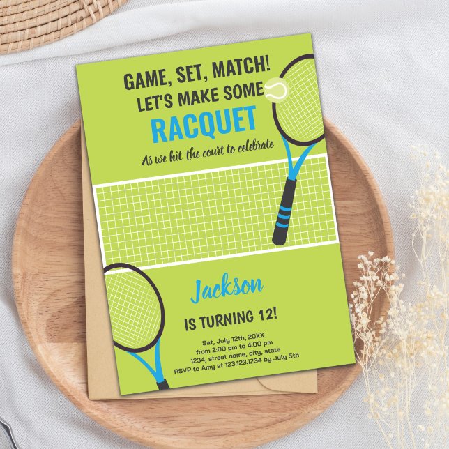 Redigerbara boys- eller Girls-idrottskort Party me Inbjudningar (Green Blue Tennis Birthday Invitations)