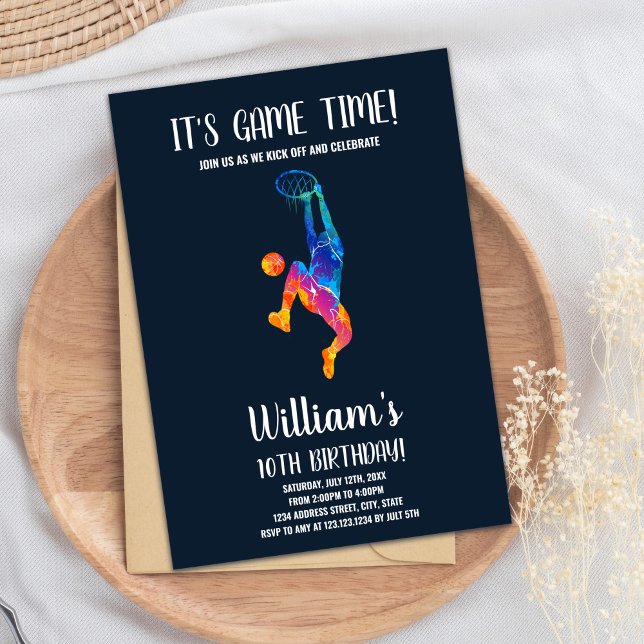 Redigerbara boys-sportkort Party med regnbåge Boll Inbjudningar (Basket Colors Basketball Birthday Invitations)