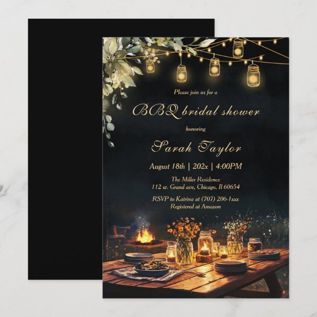 Redigerbara bröllopsdusch-inbjudningar med grillfe inbjudningar (Fram/baksida)