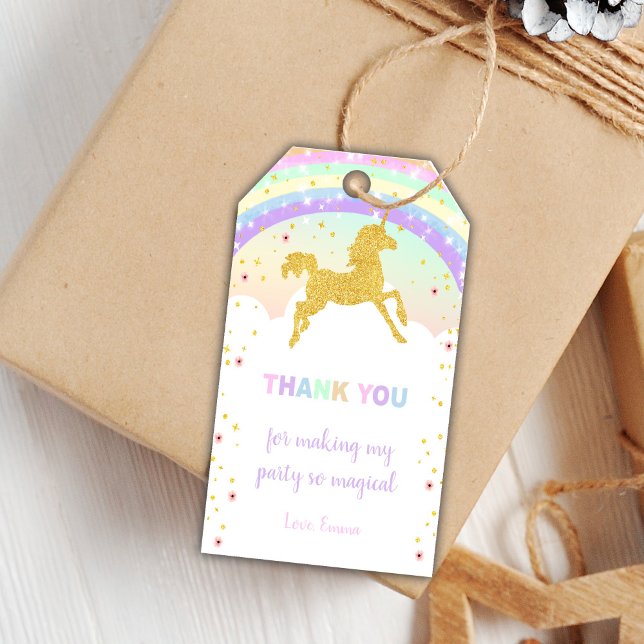 Redigerbara etiketter för favoriter för Magic Part (Golden Glitter Unicorn Birthday Tags)