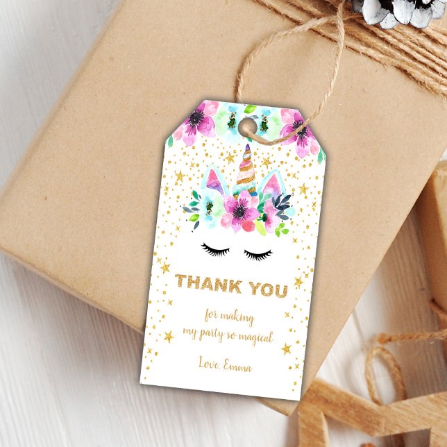 Redigerbara etiketter för visuella favoriter (Green Floral Unicorn Birthday Gift Tags)