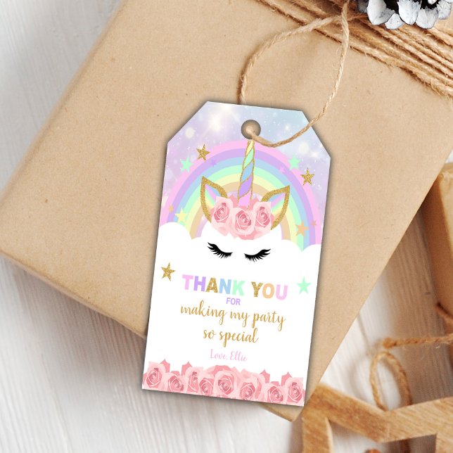 Redigerbara favoritetiketter för Blommigt Presentetikett (Pink Rose Unicorn Birthday Gift Tags)
