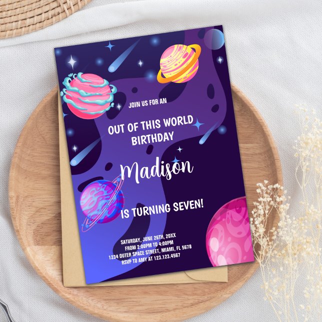 Redigerbara Galaxy Party-kort med planeter och stj Inbjudningar (Purple Planets Outer Space Birthday Invitations)