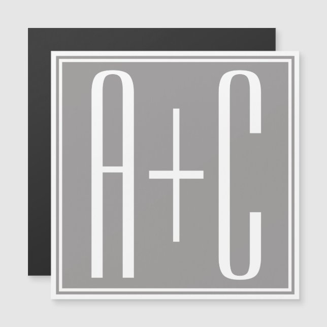 Redigerbara initialer för par | Vit & Grå Magnetisk Inbjudningskort (Fram/baksida)