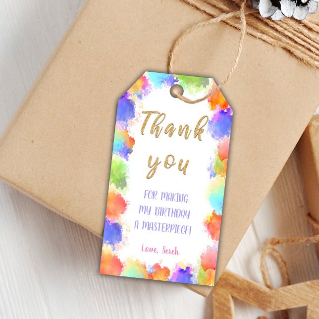 Redigerbara Märkre för favoriter i Flickls Art-par Presentetikett (Watercolor Glitter Paint Birthday Gift Tags)