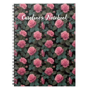 Redigerbara rosa rosor på svart blommönster Anpass Anteckningsbok