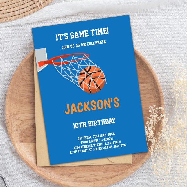Redigerbara Slam dunk-sport Party Inbjudan (Blue Orange Basketball Birthday Invitations)
