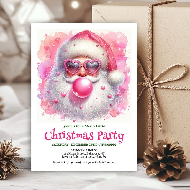 Redigerbara Vattenfärg Rosa Tomte Bubble Gum Inbju Inbjudningar (Editable Watercolor Pink Santa Bubble Gum Invitation

)