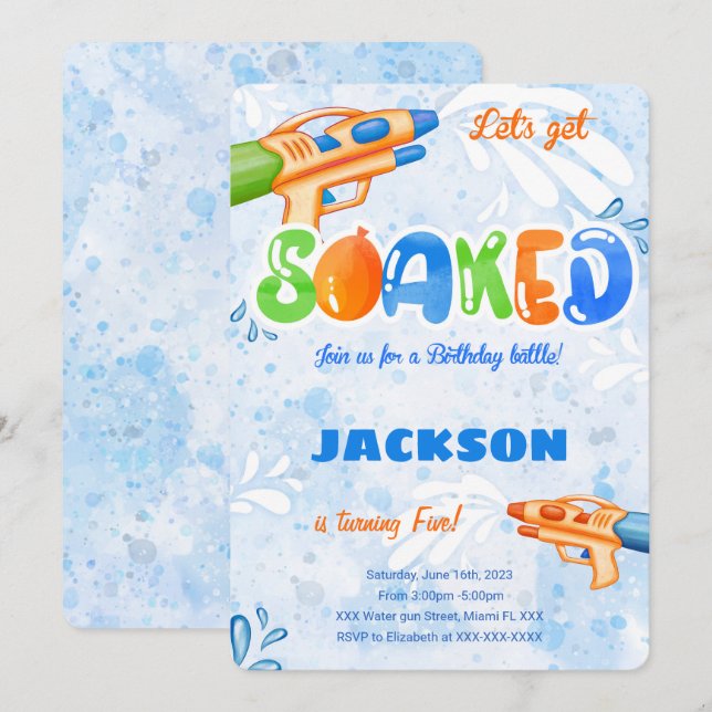 Redigerbara vattenpistol-inbjudningar  inbjudningar (Fram/baksida)