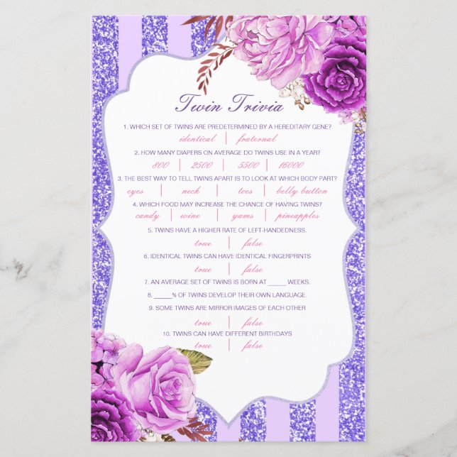 Redigerbart Baby Twin Trivia Baby Shower med svar (Framsida)
