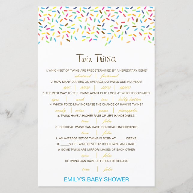 Redigerbart Baby Twin Trivia Baby Shower med svar (Framsida)