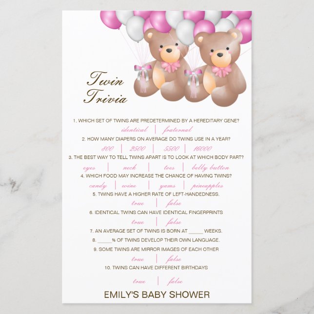 Redigerbart Baby Twin Trivia Baby Shower med svar (Framsida)