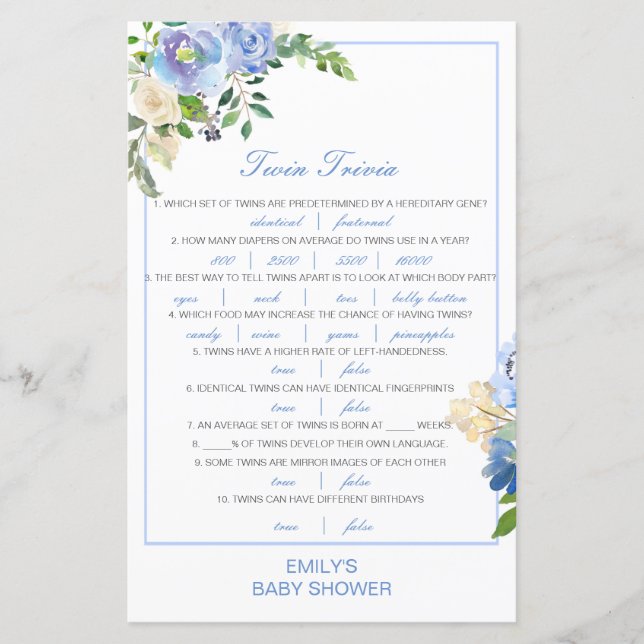 Redigerbart Baby Twin Trivia Baby Shower med svar (Framsida)