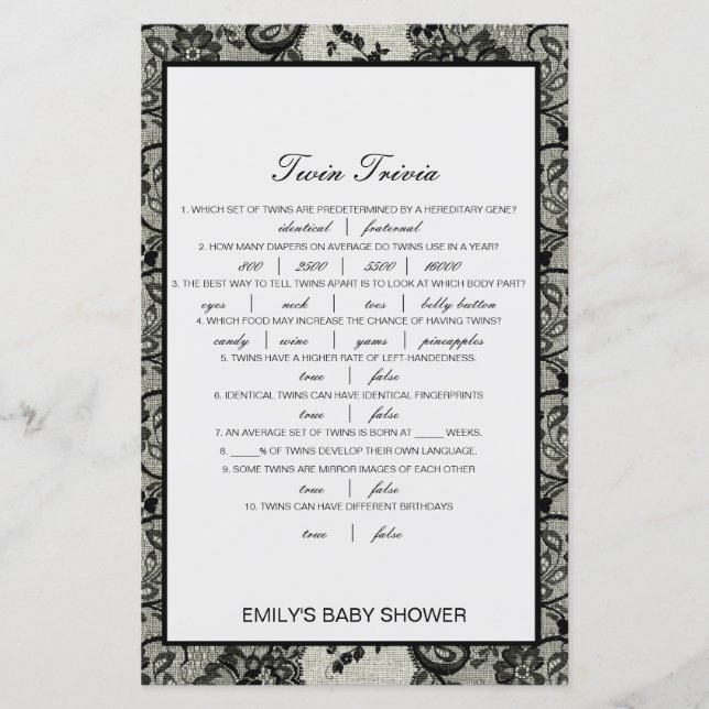 Redigerbart Baby Twin Trivia Baby Shower med svar (Framsida)