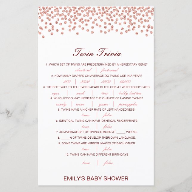 Redigerbart Baby Twin Trivia Baby Shower med svar (Framsida)