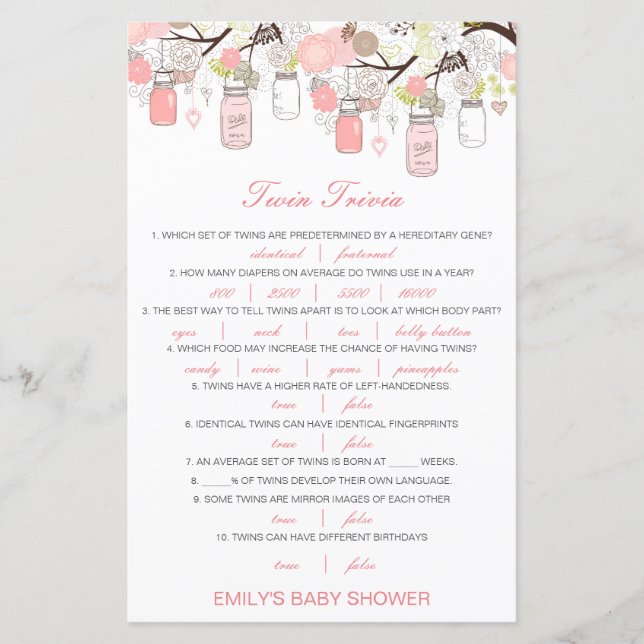 Redigerbart Baby Twin Trivia Baby Shower med svar (Framsida)