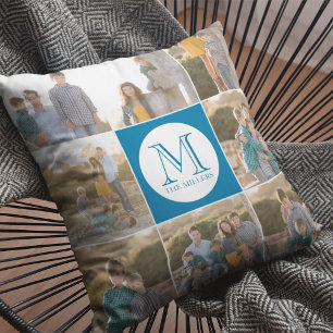 Redigerbart bakgrundsfoto för Färg Round Monogram Kudde