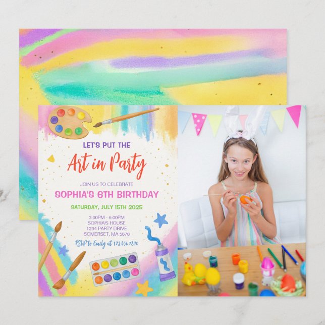 Redigerbart bild Party Painting Party Birthday Pho Inbjudningar (Fram/baksida)