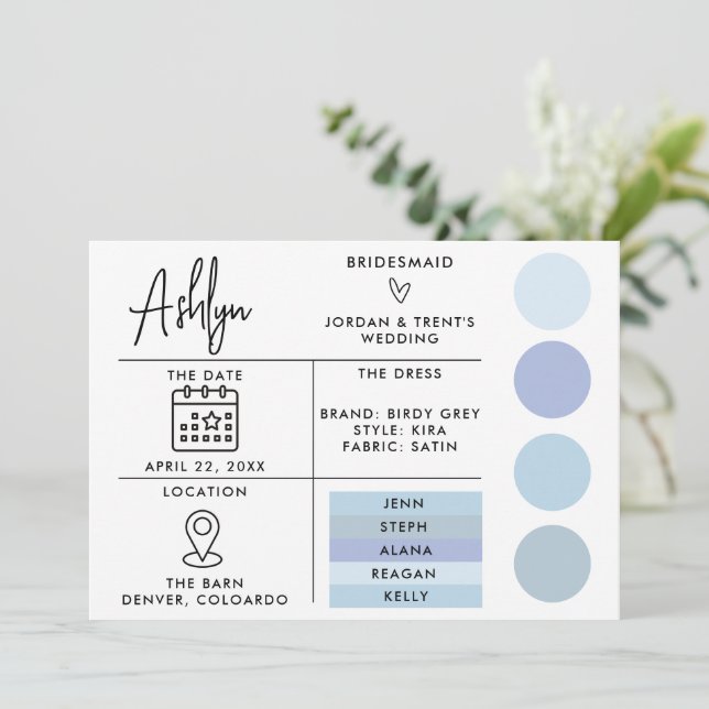 Redigerbart blått Bridesmaids-informationskort för Inbjudningar (Stående Fram)