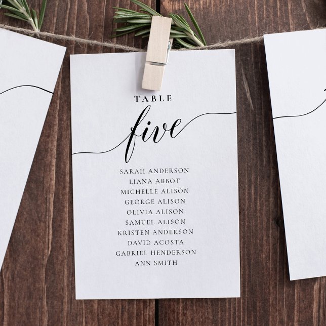 Redigerbart Bordsnummer fem sittplatskort (Table number wording Five. Hanging seating chart)
