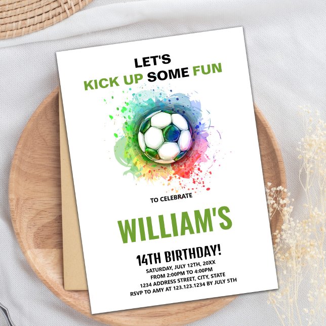 Redigerbart Boys Sports Party-kort med Boll och må Inbjudningar (Watercolor Soccer Birthday Invitations)