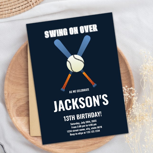 Redigerbart Boys Sports Party-kort med Classic Bol Inbjudningar (Dark Blue Baseball Birthday Invitations)