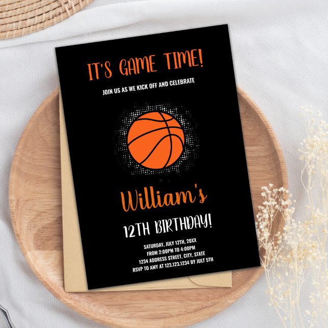 Redigerbart Boys Sports Party-kort med domstolstem Inbjudningar (Orange Basketball Birthday Invitations)