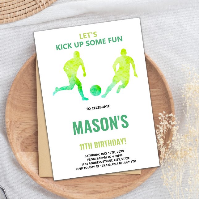 Redigerbart Boys Sports Party-kort med Fält & Boll Inbjudningar (Green Soccer Birthday Invitations)