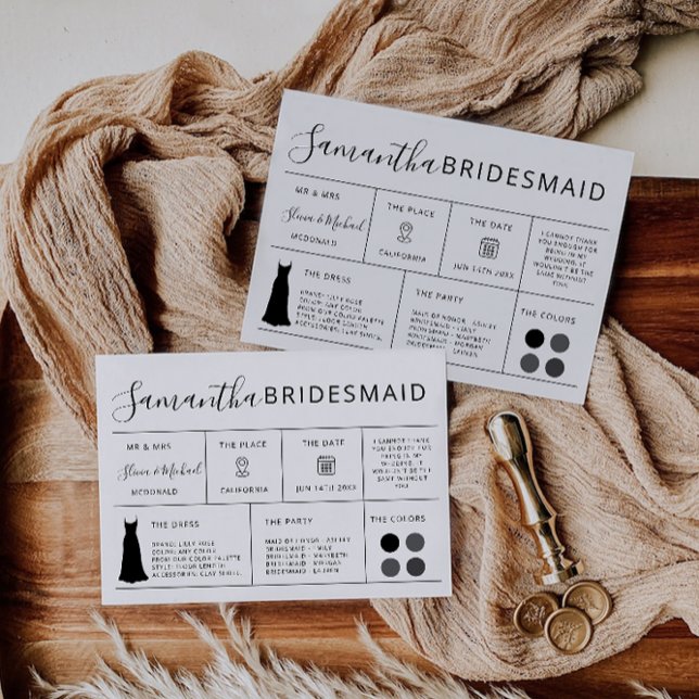 Redigerbart Bridesmaid-informationskort, Brudens s Inbjudningar (Editable Bridesmaid Information Card, Bridal Party Invitation)