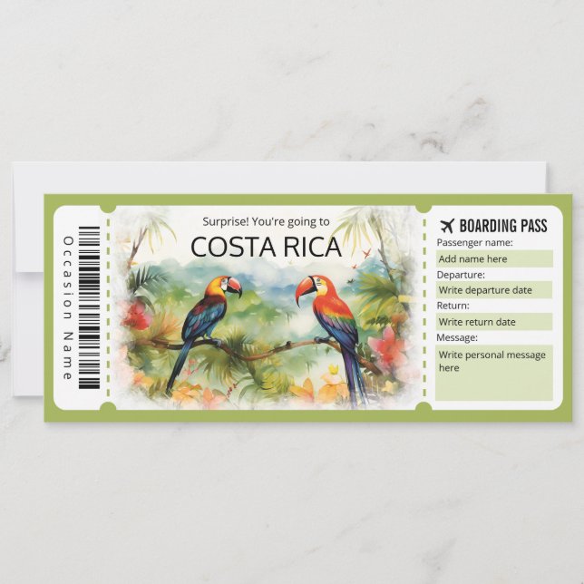 Redigerbart Costa Rica-boardingpass Flygplan bilje Inbjudningar (Framsida)